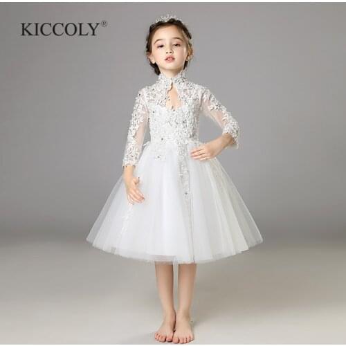 Elegant White Tulle Sequin Flower Girl Ceremony Long Sleeve Pageant Princess Dress for Party Wedding Girl First Communion Gown