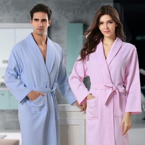 Summer Waffle Robe 100% Cotton Long Robe Men Soft Bath Robe Ladies Casual Nightrobe Highly Absorbent Sleepwear Loose Homewear