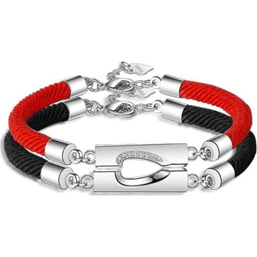 KOFSAC New Fashion Silver 925 Bracelets For Women Men Couple Lovers Shiny CZ Love Heart Pendant Jewelry Black Red Rope Bracelet