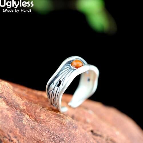 Uglyless Curved Lotus Leaf Design Vintage Jewelry for Women Creative Concave Rings Agate Ethnic Dress Jewelry 925 Silver Rings