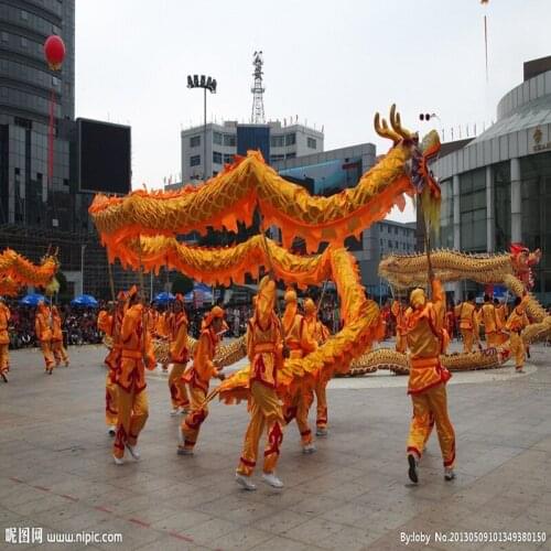 10m Golden Length Dragon Dance Costume 8 Players Children Student School Art Halloween Party Performance Parade Folk Stage
