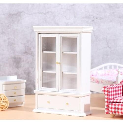 1:12 Dollhouse Miniature White Wooden Double Door Glass Display Cupboard Cabinet Showcase With Drawer Dollhouse Decor