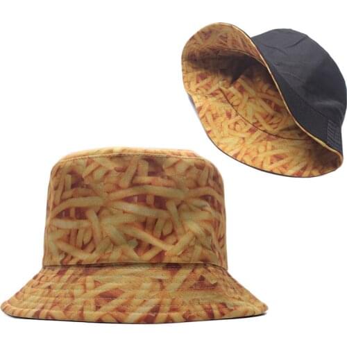 Unisex Couple Summer Panama Bucket Hat Banana French Fries Print Wide Brim Sun Visor Hip-Hop Reversible Fisherman Cap