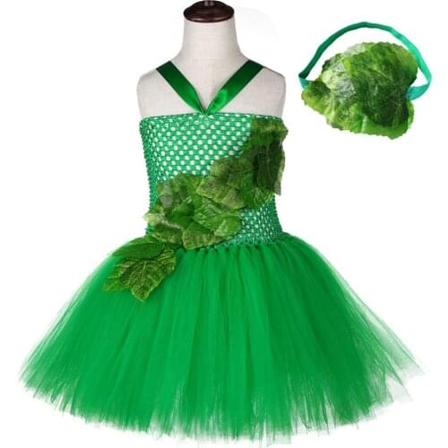 Green Forest Genie Costume for Girls Fake Leaves Pattern Tutu Dress Kids Knee Length Fairy Garden Cosplay Costume with Headband