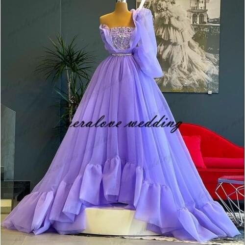 Sexy Evening Dresses A Line Light Purple One Shoulder Tulle Shiny Celebrity Party Prom Dress Vestido De Festa Occasion Wear