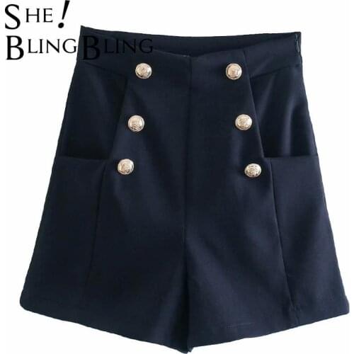 SheBlingBling Chic Double Breasted Button Pants High Waist Side Zipper Women Shorts Patch Pocket Female Casual Straight Shorts