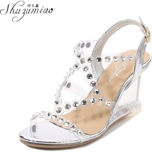 SHUZUMIAO Women Casual Sandals Rhinestone Buckle Strap Cross Strappy Wedge Sandals Narrow Band Rome Shoes Plus Size 42 43