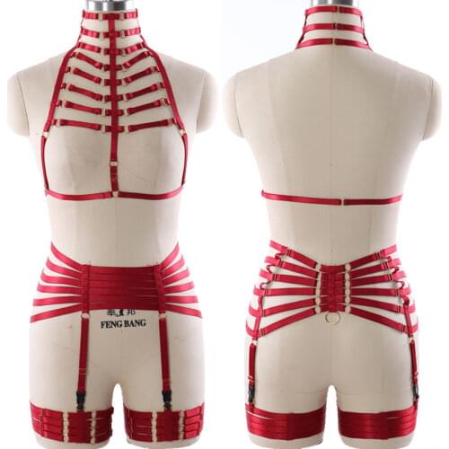 Crop Top Sexy Lingerie Women Bondage Harness Set Pastel Goth Leg Garter Belt Rave Body Harness Fetish Pole Dance Cage Bra