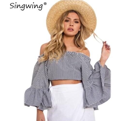 Singwing plaid Off the shoulder strapless Blouse Flare sleeve Slash Neck Women shirt Summer High Street Lady Blouse Top