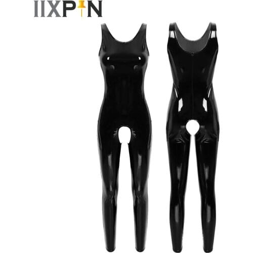 Lady Sexy Black PVC Hollow Out Faux Leather Latex Zentai Catsuit Wetlook Jumpsuit Erotic Lingerie PU Bodysuit Club Wear Overalls