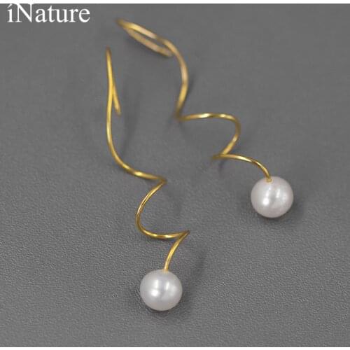 INATURE 925 Sterling Silver Fashion Metal Spiral Drop Earrings For Women Natural Pearl Dangle Earring Jewelry