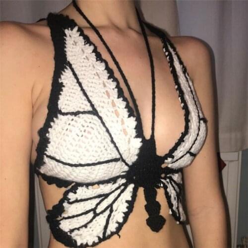 Womens Halter Camisole Knitted Butterfly Camis Hollow Out Backless Tops Women Strappy Bellyband Summer Vacation Crop Top Female
