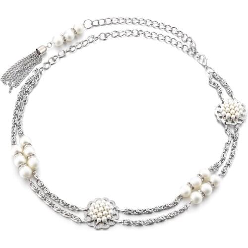 Women Girls Ladies Pearl Tassel Embellishment Waist Chain Belt Body Bikini Beach Supplies Silver 115cm