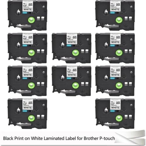 10PCS Laminated Black Print on White 0.47" Label Tape 12mm x 8m Compatible for Brother GL-100 PT200 1/2" TZe-231 TZe231 Tz