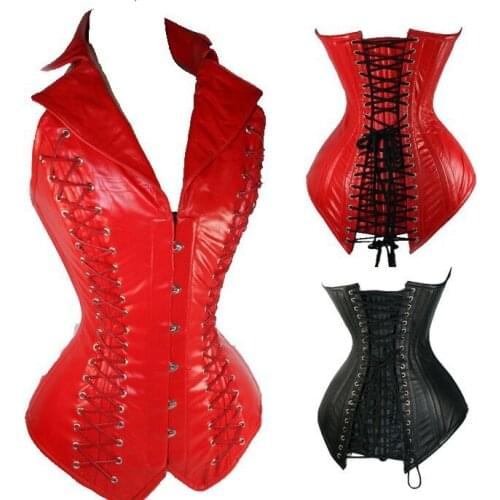 2016 High Quality Women Sexy PVC Leather Bustier Deep V Lace Up Bondage Corpetes Corsets Shapers Waist Cincher Lingerie Plus 2XL