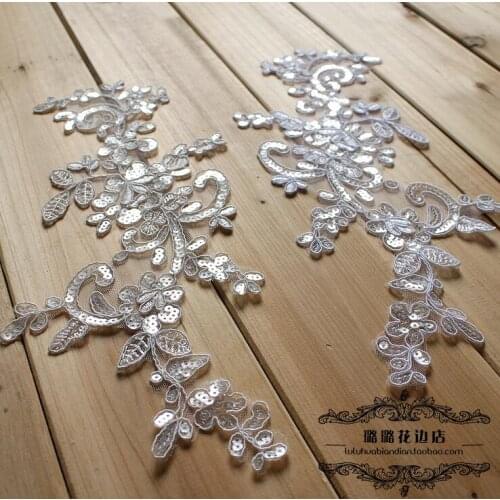 3 Pairs/6 Pieces 30*17cm Romantic Floral Flower Wedding Bridal Sequined Lace Trim Applique Mirror Pair