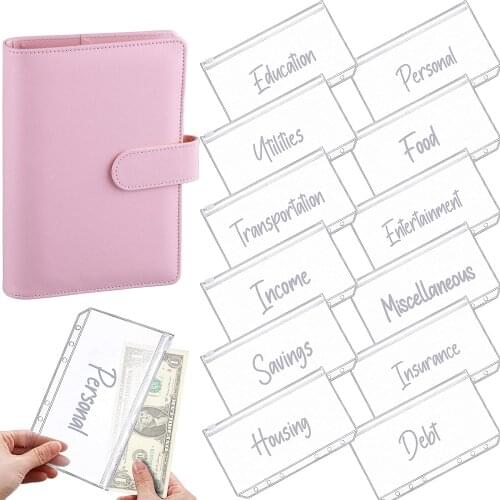A6 PU Leather Notebook Binder Planner Budget Organizer Binder Cover with 12 Binder Pocket Zipper Folders for Bill Planner Budget