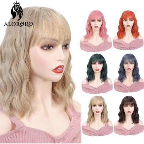 Alororo Blonde Wig Short Wigs for Women Synthetic Wig with Bangs 12 inch Wavy Lolita Hair Cosplay perruque pelucas de mujer