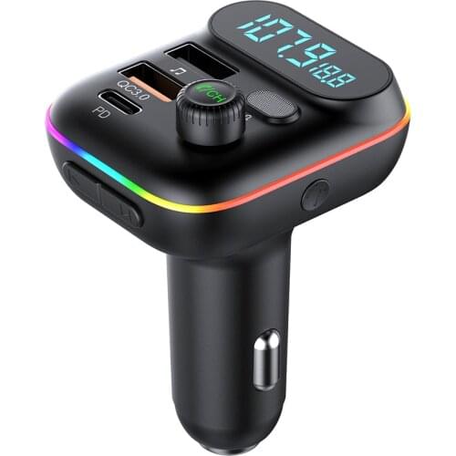 Wireless Car FM Transmitter Bluetooth-Compatible MP3 Plyer with PD QC3.0 USB Charger Colorful Ambient Light Digital Voltmeter