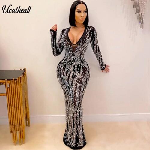 Shiny Hot Drilling Feather Party Dress Long Sleeve Bodycon Deep V Neck Perspective Mesh Dress Hem Back Split Vestido