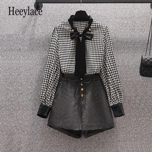 Plus Size Women Long Sleeve Plaid Vintage Blouse And shorts two-piece set Office Ladies Elegant Outfits Korean Casual 4XL Suits