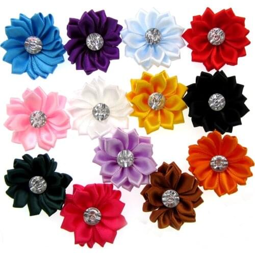 12Pcs Satin Ribbon Flowers with Rhinestone Multilayers Fabric Flowers Appliques Accessories Sewing Wedding DIY 4.0cm