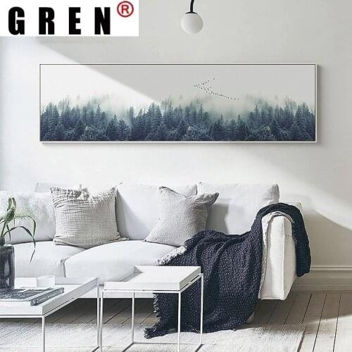 GREN Nordic Bird Foggy Forest Nature Cartoon Landscape Canvas Painting Wall Art Painting Print Poster Picture Living Room Decor