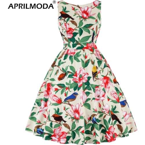 Sleeveless Cotton Rockabilly Dress Plus Size Retro Casual Knee Length Office Floral Bird Animal Print Christmas 50s Party Jurk