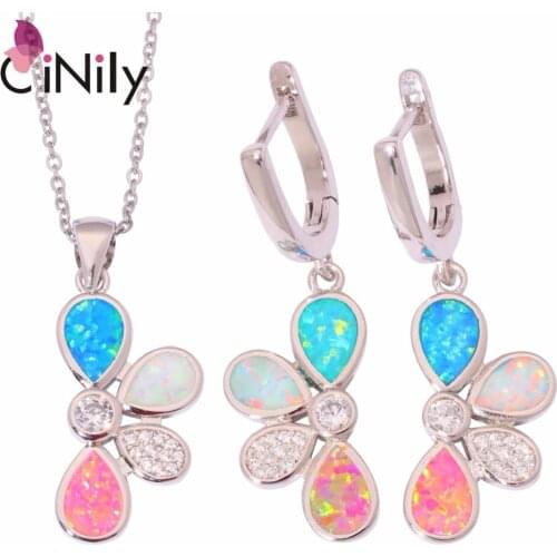 CiNily Created Multicolor Fire Opal Cubic Zirconia Silver Plated Wholesale for Women Jewelry Pendant Earrings Jewelry Set OT115