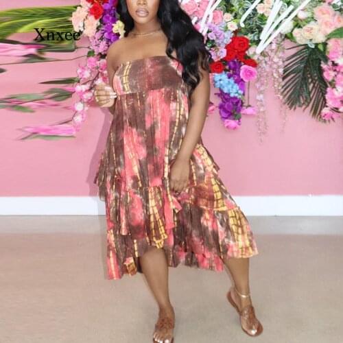 Summer Off Shoulder Midi Dress Irregular Ruffle Hem Tube Dresses Abstract Tie Dye Printed Long Bodycon Casual Loose Beach Robe