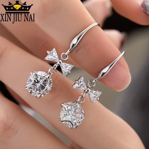 Cute Female Crystal Round Star Bow Drop Earrings Fashion 925 Silver Zircon Stone Earrings White Pink Dangle Earrings For Women
