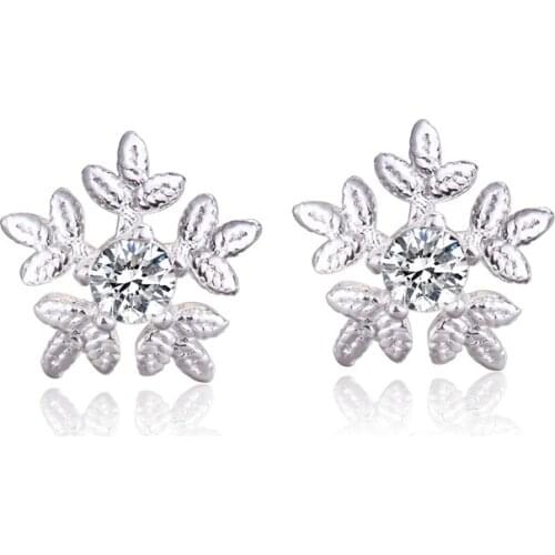 925 Solid Real Sterling Silver Crystal Snowfake Stud Earring For Women Wedding Gift Ear Pierced Earrings Fashion Jewelry A141