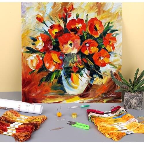 Red Flowers Printed 11CT Cross Stitch Set Embroidery DMC Threads Handicraft Needlework Handiwork Craft Design Stamped