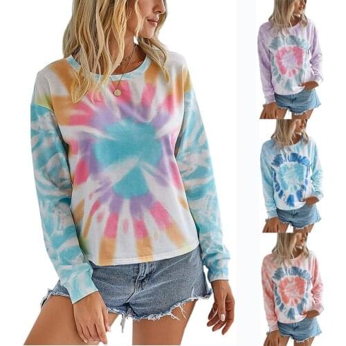 2021 Autumn New T-shirt Loose Fashion Urban Casual Womens Clothing Sweatshirt Crew Neck Long Sleeve Tie-dye Printing T-shirts