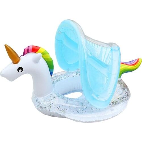 Inflatable Adorable Animal Unicorn Flamingo Sunshine Heat Escape Sunshade Spangly Children Swimming Floating Ring Kids Pool Prop