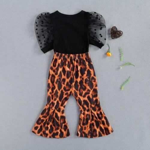 Toddler Baby Girls Girls Fashion 2pcs Summer Outfit Puff Mesh Sleeve Knitted Tops+Leopard Flared Pants Children Kids Outwear Set