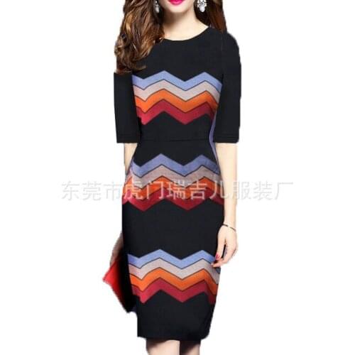 2019 print Medium sleeve stripe dress 2pcs/lot