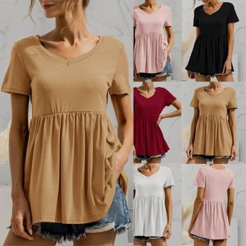 Plain V-neck Women t shirt 2021 Summer Tops V-Neck Short Regular Sleeves Loose Long Solid Classic Casual Womens A-line T-shirt