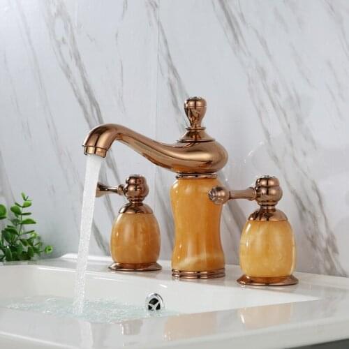 Luxury Rose Gold Brass Natural jade Bathroom Sink Faucet Art Basin Mixer Taps three holes high quality Lavatory Faucet--SM5380