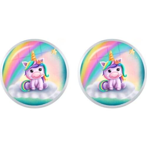 Lucky Horse Unicorn Cartoon Style Glass Cabochon Ear Studs Handmade Women Girls Cute Jewelry Rainbow Unicorn Earring Wholesale
