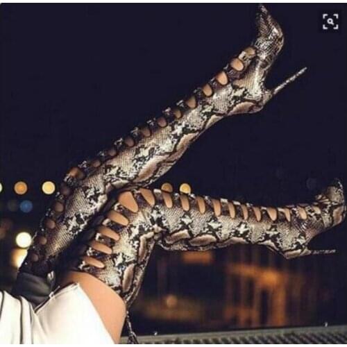 Sexy Python Printed Leather Over The Knee Sandal Boots Lace-up Stiletto Heels Pointed Toe Tight High Boots Women