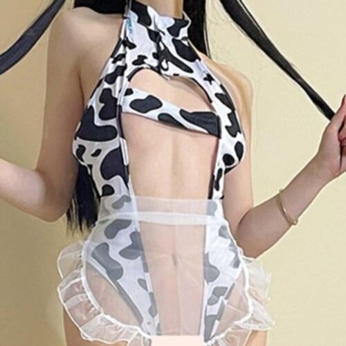 Sexy Maid Bodysuit Tease Role Play Womens Halter Sex Clothing Japanese Sweet Cow Print Role Play Costume Hollow Underwear S6ZB