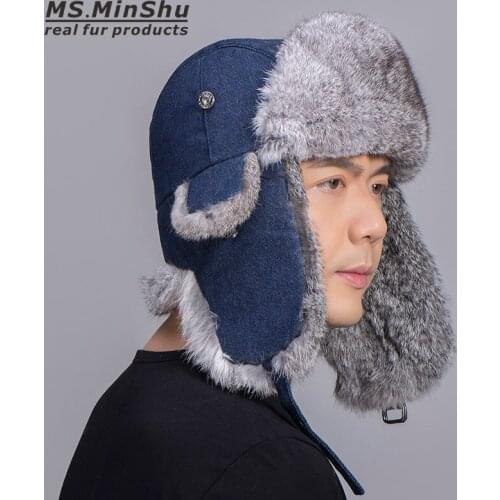 MS.MinShu Natural Rabbit Fur Hat Winter Skiing Caps Unisex Rabbit Fur Bomber Hat Real Fur Aviator Hat Thicken Earflap Hat Man