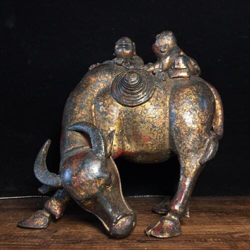 Chinese temple collection Old Bronze Lacquer Cinnabar Zodiac Bull Statue Shepherd boy herding cattle Office Ornaments Town House