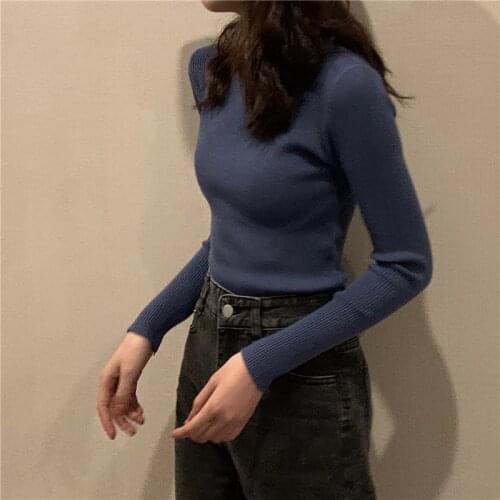 Vintage Fall 2020 Clothing For Women Sweaters Ladies Pullover Red Thin Knitted Sweater Woman Jumper Half High Neck Bottoming Top