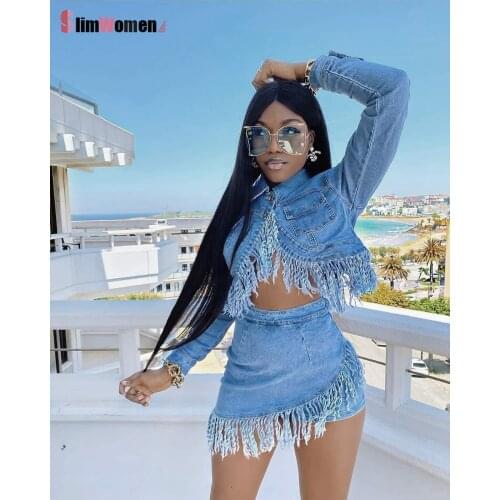 Streetwear Split Ripped Jean Coat Women Denim 2 Piece Dress Set Sexy Turn Down Neck Long Sleeve Jacket Tassel Jean Dress Vestido