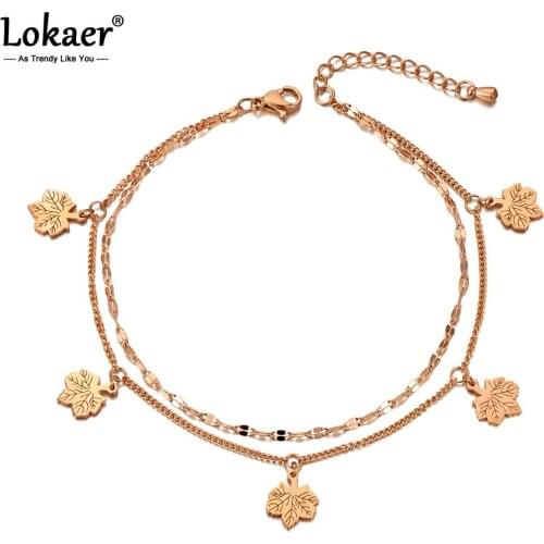 Lokaer Bohemia Style Double Layer Maple Leaf Anklets For Women Girls Titanium Steel Foot Link Chain Anklet Female Jewelry A20016