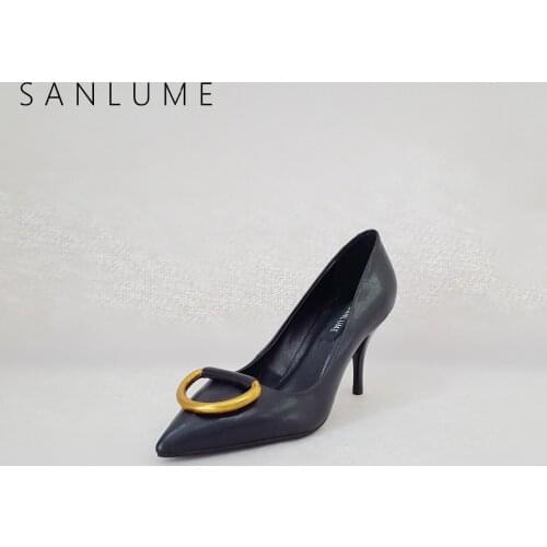 SANLUME New Tire Cowhide Pumps Party Women Shoes Woman Sexy High Heels Black Thin Heel Shoes Metal Stiletto Pointed Toe Slip On