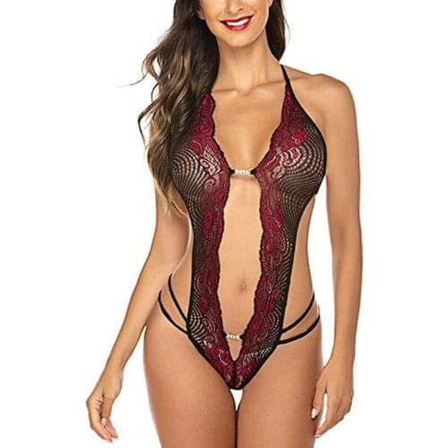 Plus Size Bodysuits Babydoll Lingerie Teddy Exotic Erotic Womens Lingerie Sexy Lace One-piece Halterneck Underwear G-string