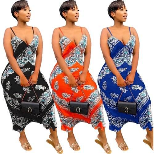 Women Long Dress Print Sleevless Bodycon V-neck Backless Maxi Slip Dress Fashion Vintage High Streetwear Summer